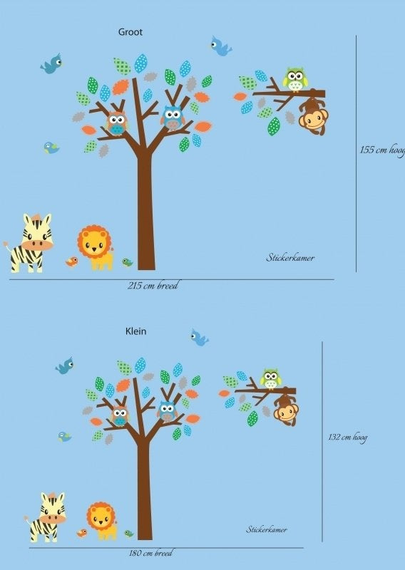 Vrolijke muursticker boom + tak + dieren