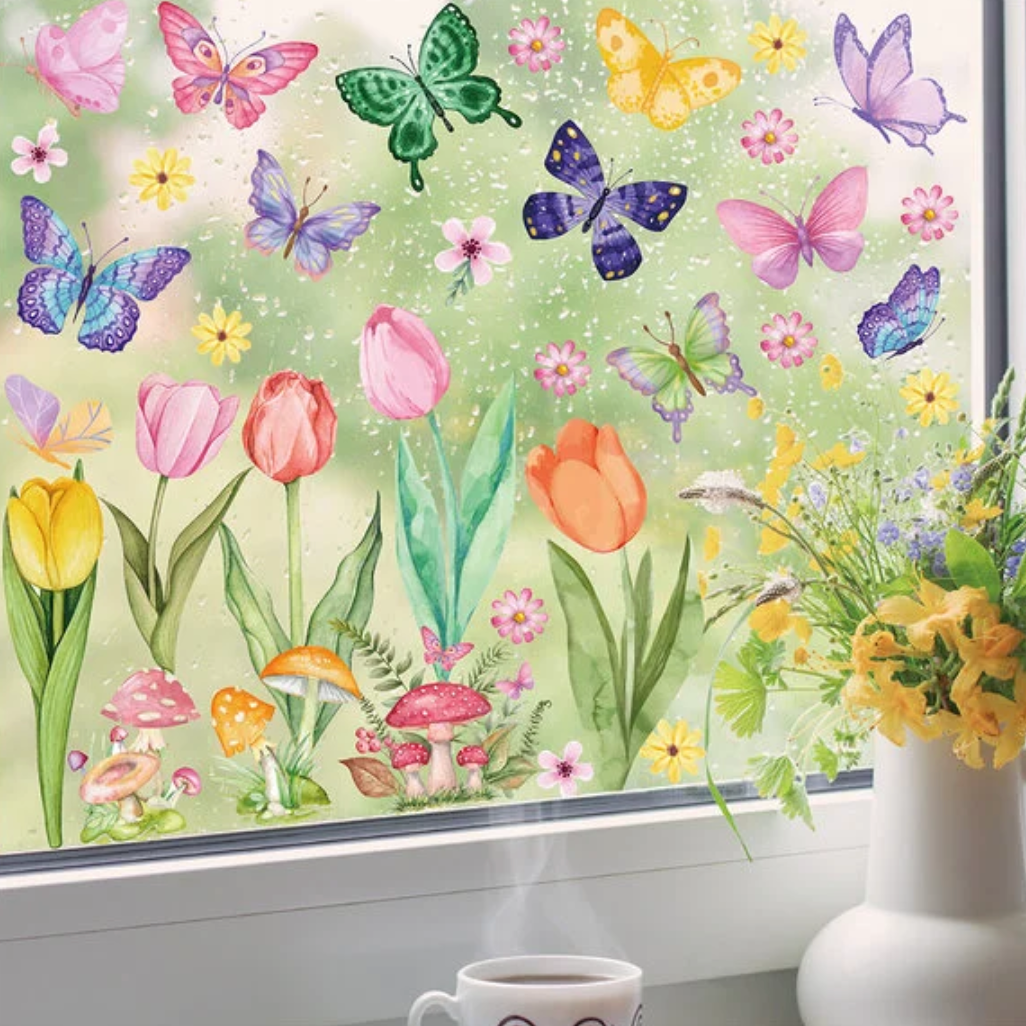 Statische Fensterfolie mit Schmetterlingen, Tulpen und Blumen – Dekorativer, beidseitig bedruckter Glasaufkleber