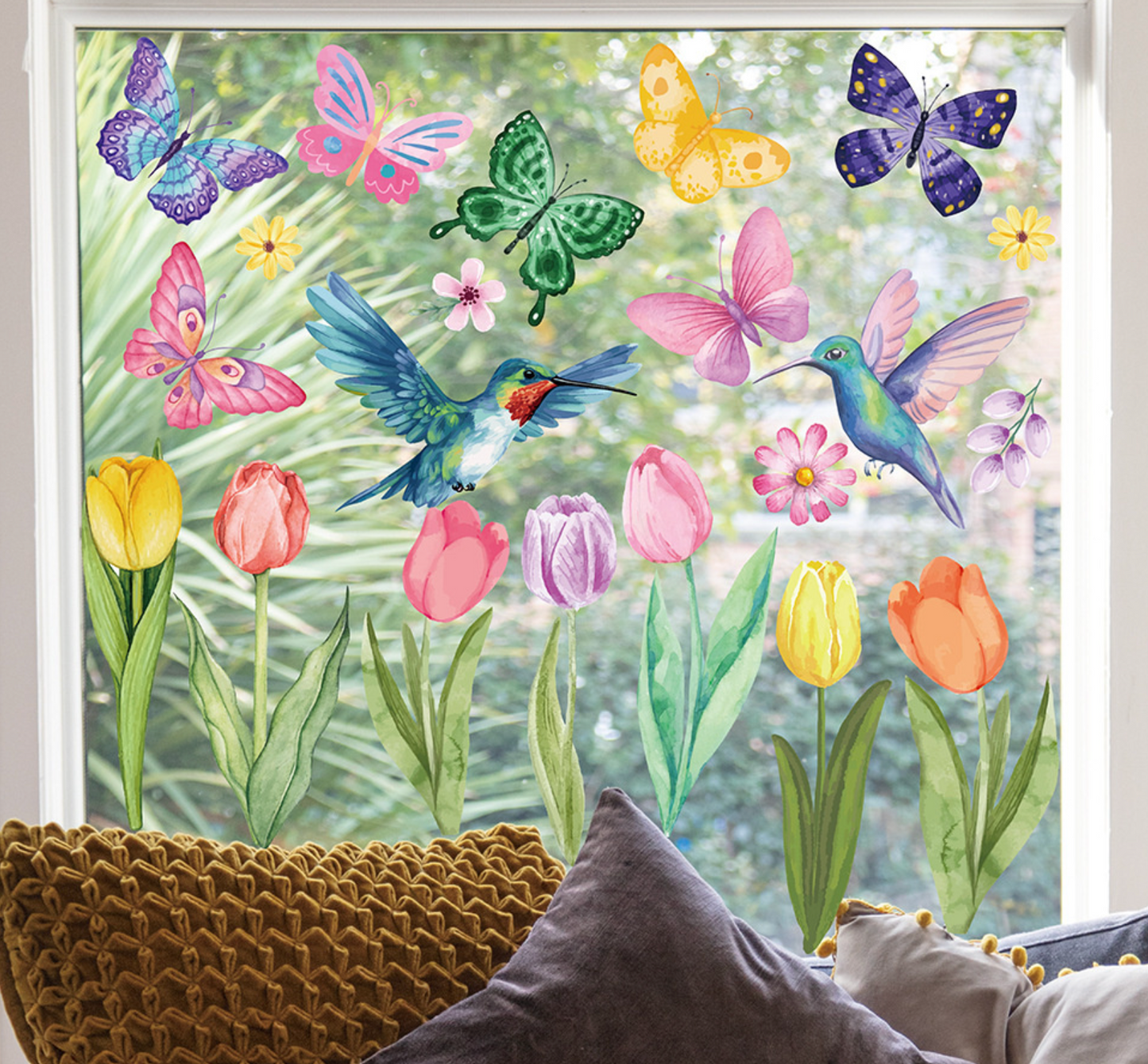 Statische Fensterfolie mit Schmetterlingen, Tulpen und Blumen – Dekorativer, beidseitig bedruckter Glasaufkleber