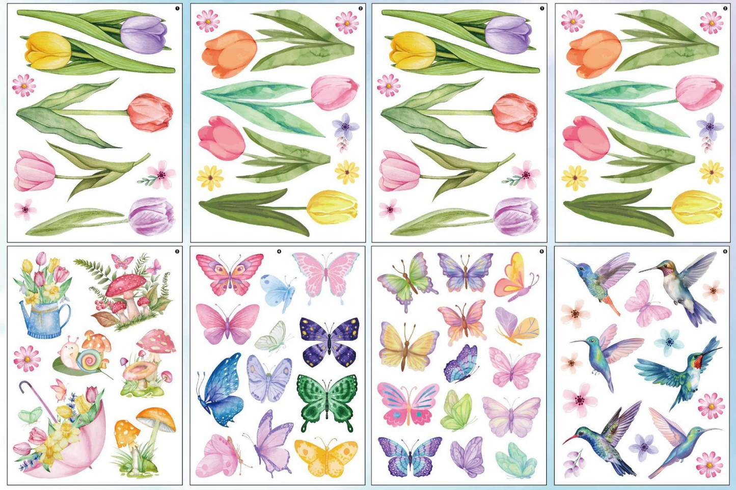 Statische Fensterfolie mit Schmetterlingen, Tulpen und Blumen – Dekorativer, beidseitig bedruckter Glasaufkleber