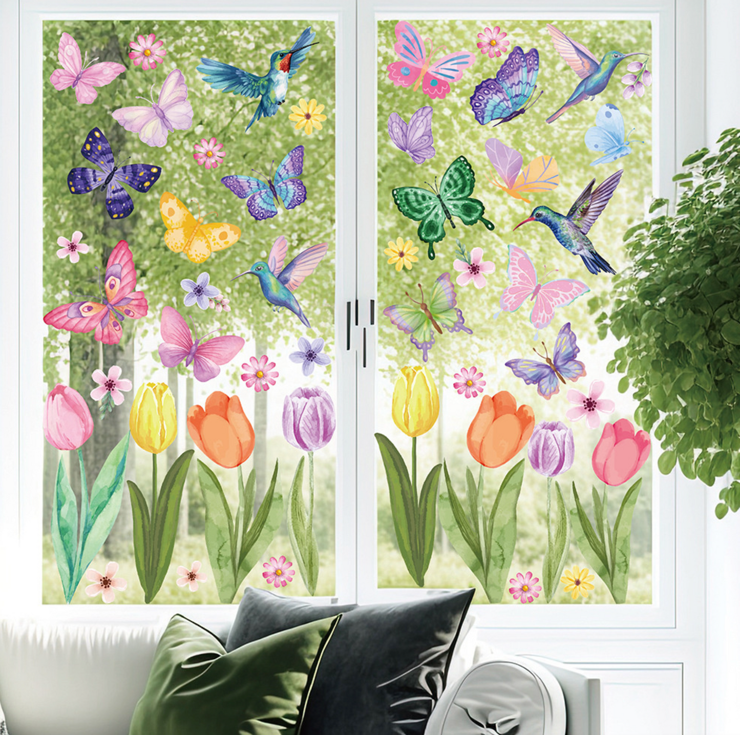 Statische Fensterfolie mit Schmetterlingen, Tulpen und Blumen – Dekorativer, beidseitig bedruckter Glasaufkleber