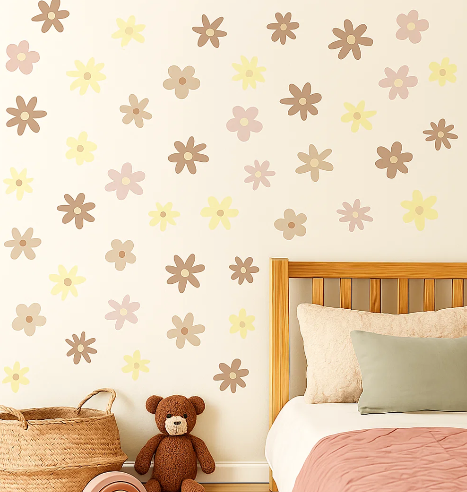 Boho Neutral Daisy Wall Decal Sticker Set (65-Pack)