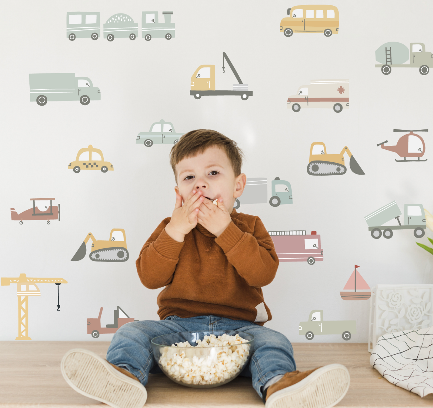 Vehicles, cars and transport set wall decal, soft neutral colors