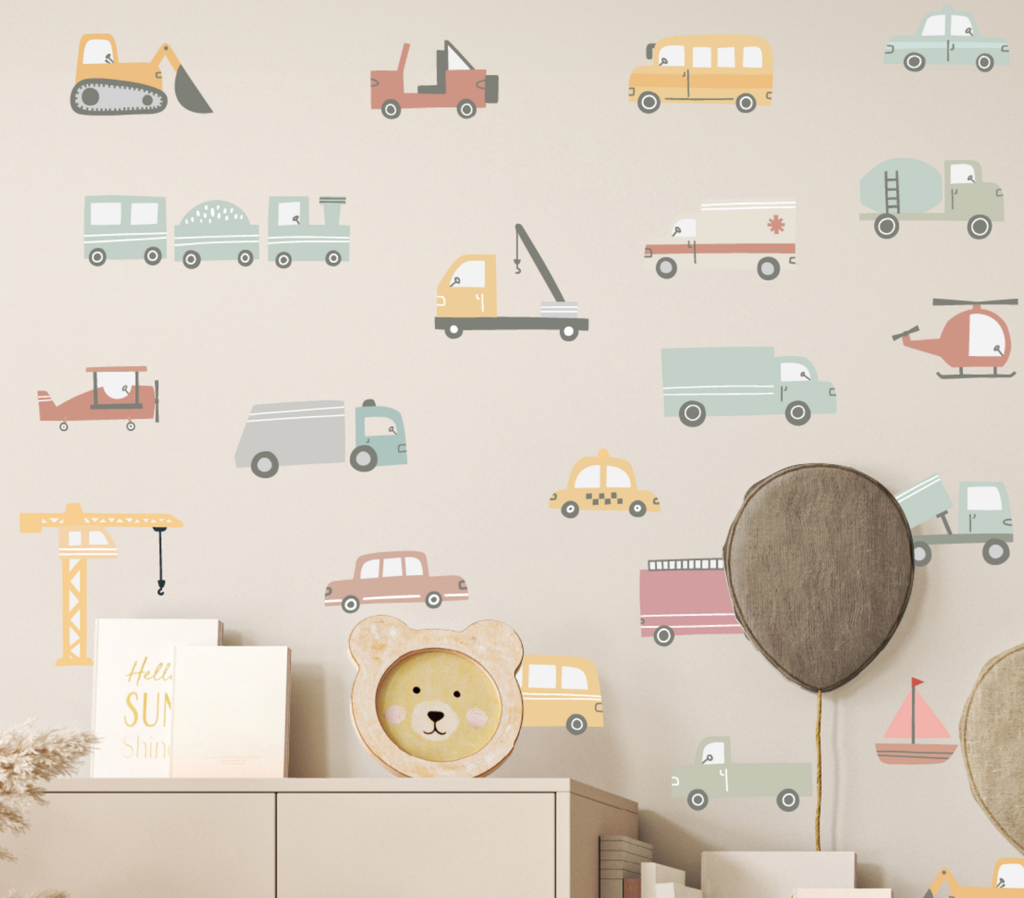 Vehicles, cars and transport set wall decal, soft neutral colors