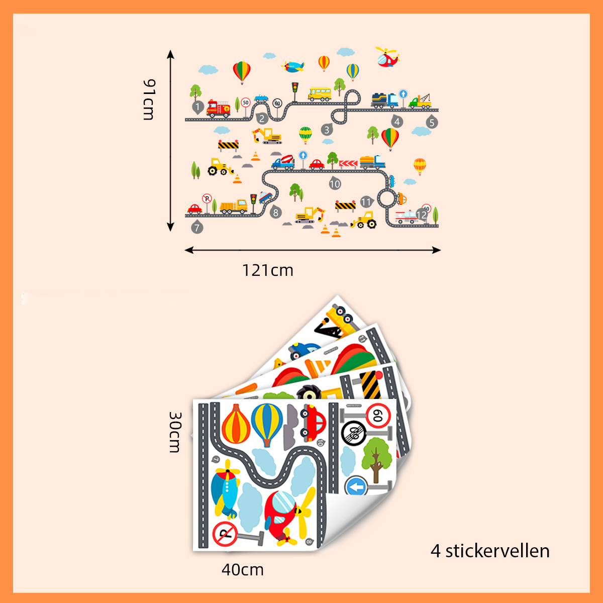Muursticker auto weg kinderkamer voertuigen 121x91 cm