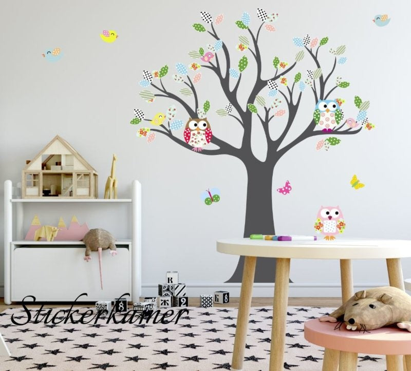 Muursticker boom met uilen en vogels babykamer