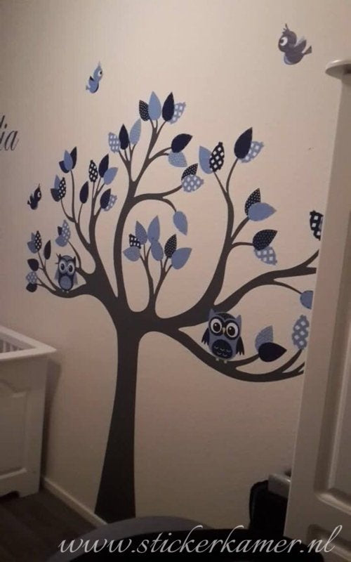 Muursticker boom met uilen en vogels babykamer