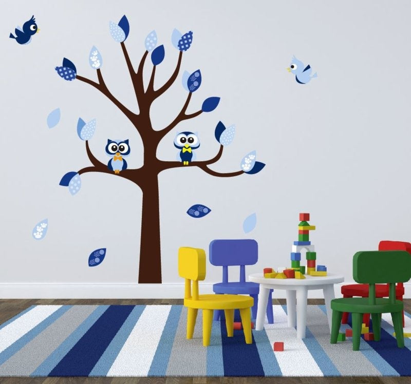 Muursticker boom met uilen en vogels kinderkamer jongen