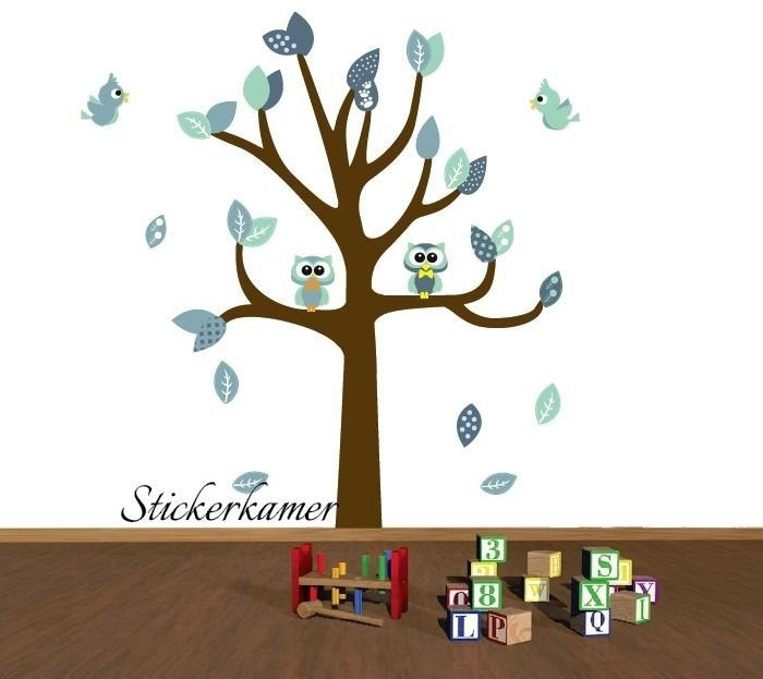 Muursticker boom met uilen en vogels kinderkamer (mint)
