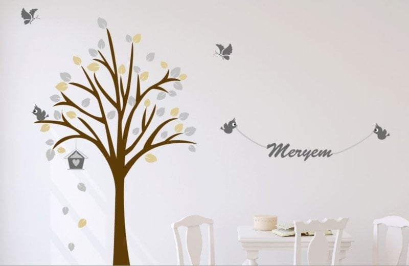 Muursticker boom vogels en naam kinderkamer