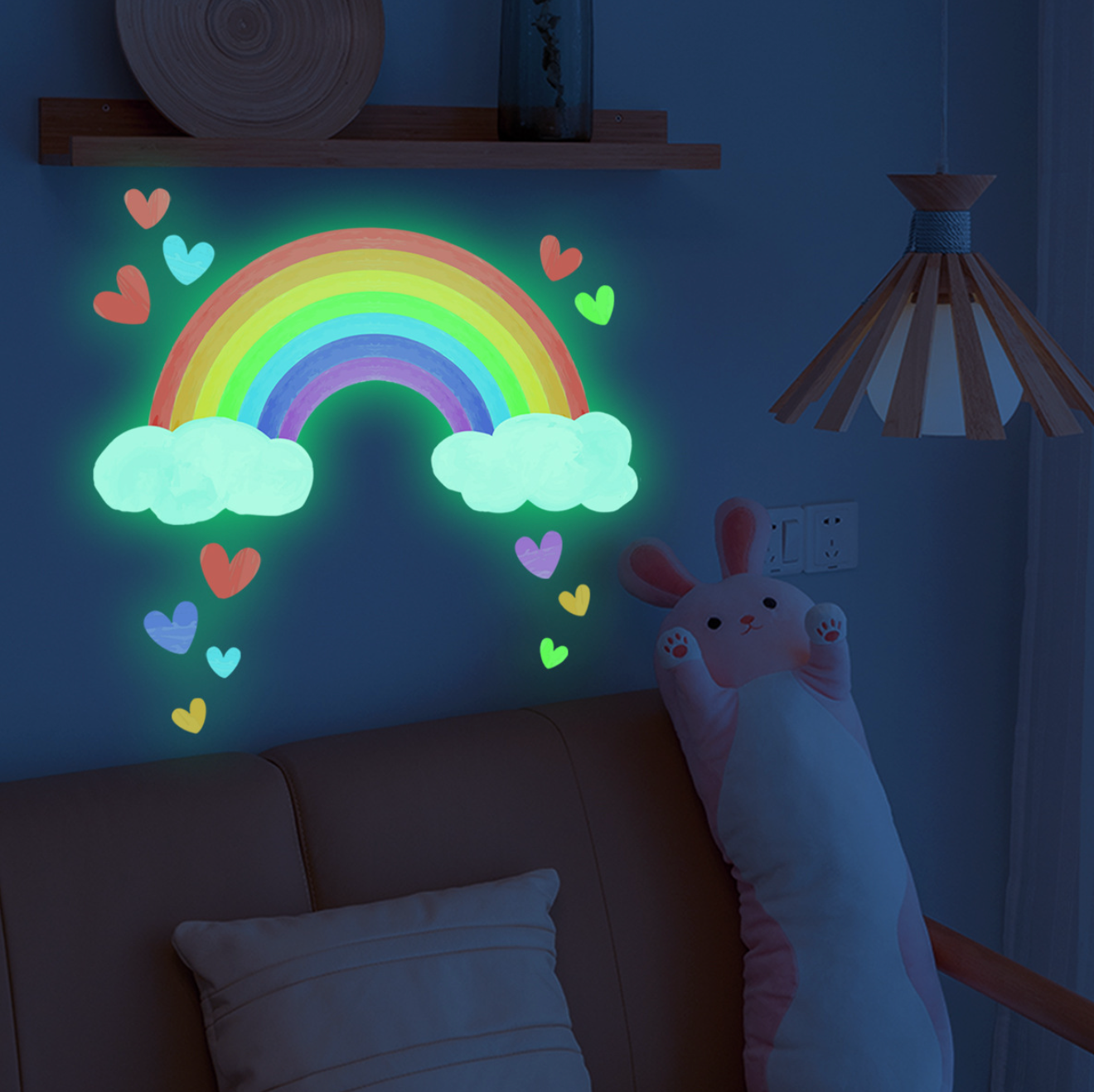 Muursticker glow in the dark regenboog hartjes kinderkamer
