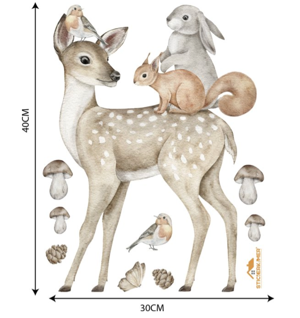 Muursticker Hertje met konijn, vogel en vlinder op rug | Aquarel | Stickers zelfklevend, Kinderkamer