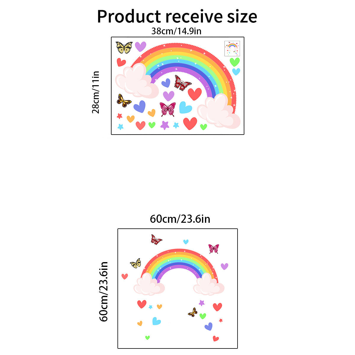 Glow in the dark Muursticker Regenboog met hartjes, vlinders en wolkjes