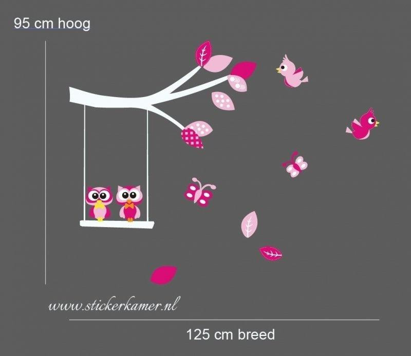 Muursticker tak met uilen en vogels roze babykamer