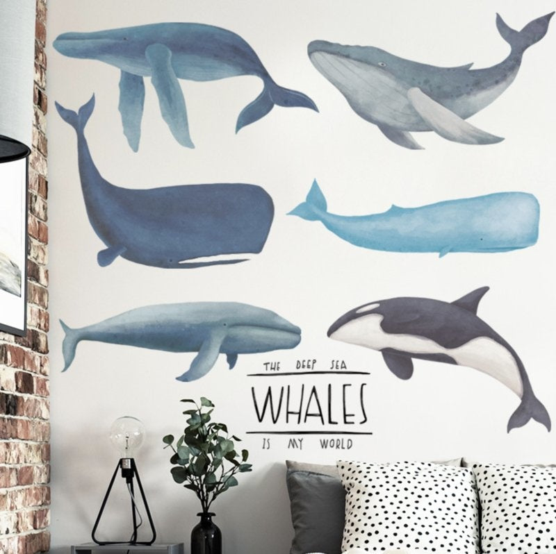 Muursticker zeedieren walvissen - bultrug - orka - potvis kinderkamer