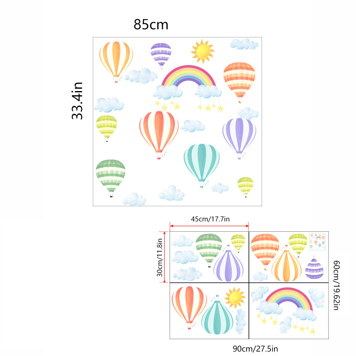 Muurstickers babykamer regenboog luchtballonen en wolkjes