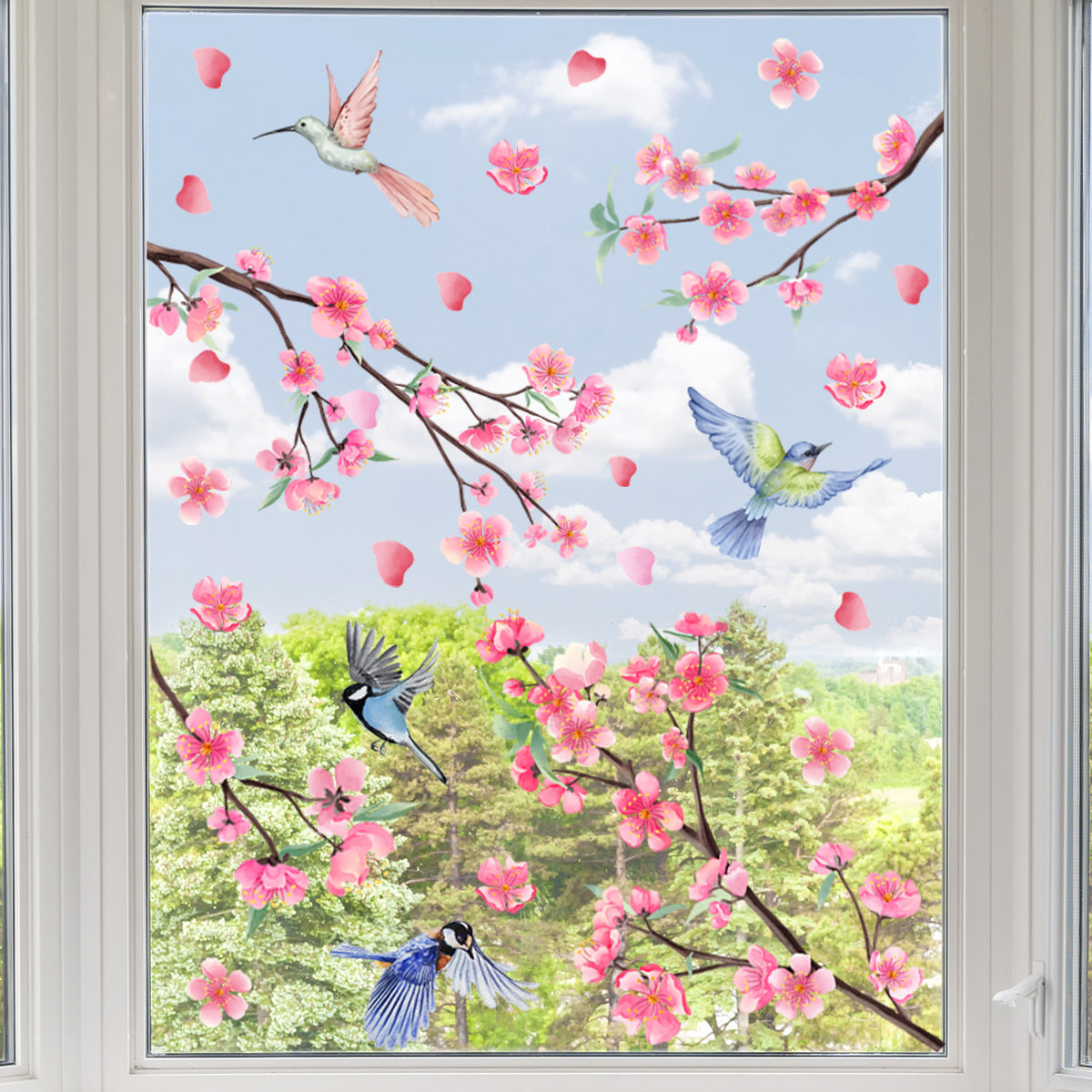 Raamsticker zelfklevend vogels op tak bloemen en vlinders