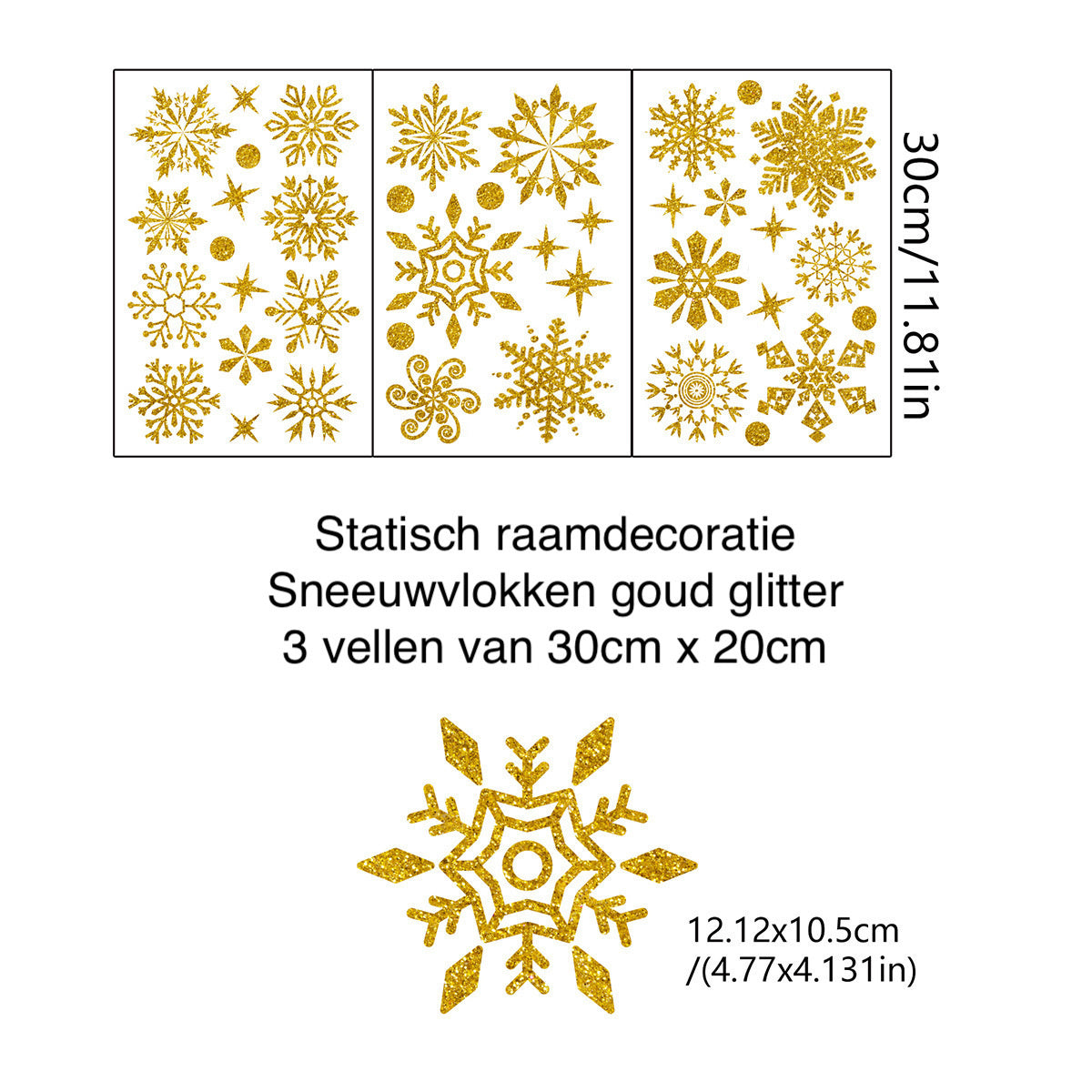 Statische raamfolie Kerst 39 delig sneeuwvlokken Goud glitter