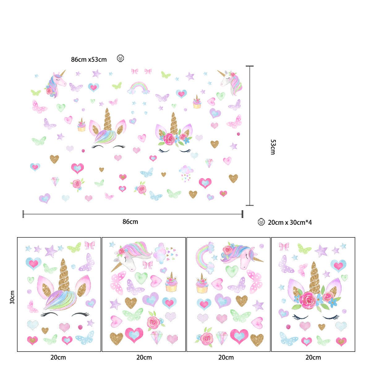 Muursticker unicorn / eenhoorn sticker set kinderkamer meisjes