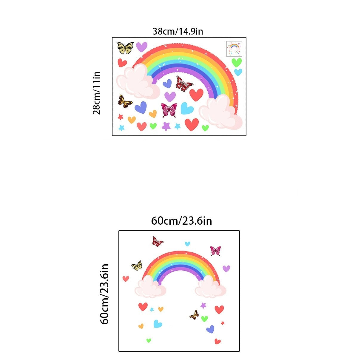 Glow in the Dark Regenboog met wolken Muursticker met Vlinders en Hartjes