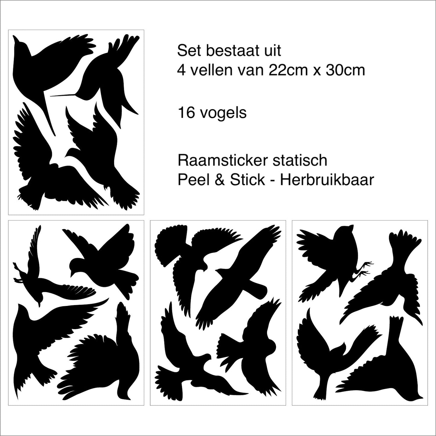 Zwarte statische vogels raamstickers 16 vogels