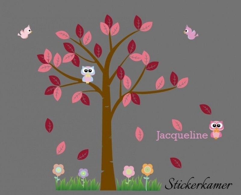 Meisjeskamer boom met uil en vogel (Roze) XL