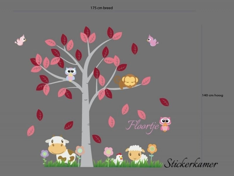 Meisjeskamer boom met dieren mix en naam (Roze) XL