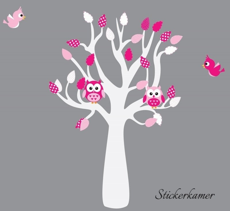 Muursticker Boom met uilen en vogels meisjeskamer