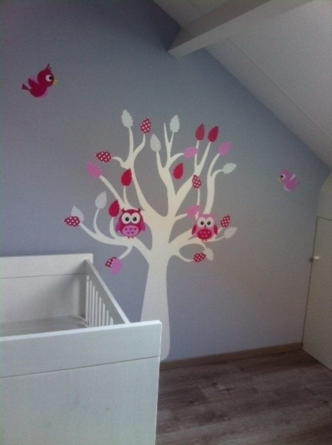 Muursticker Boom met uilen en vogels meisjeskamer