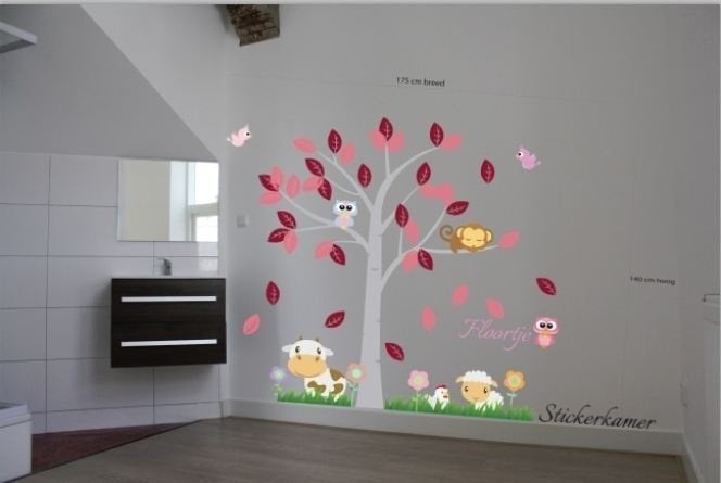 Meisjeskamer boom met dieren mix en naam (Roze) XL