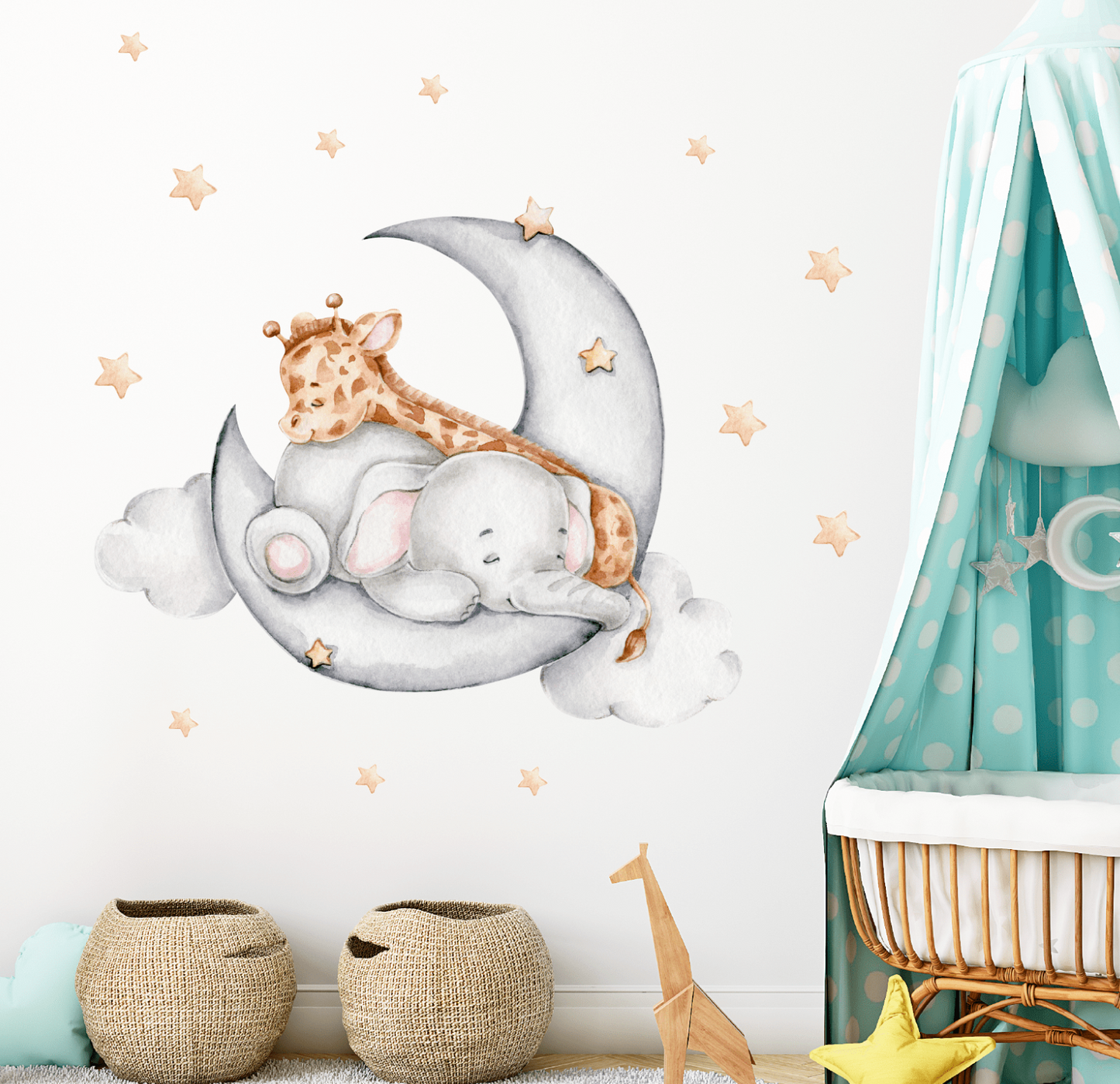 Giraffe and Elephant wall sticker with Moon & Stars Wall Sticker for Baby Nursery