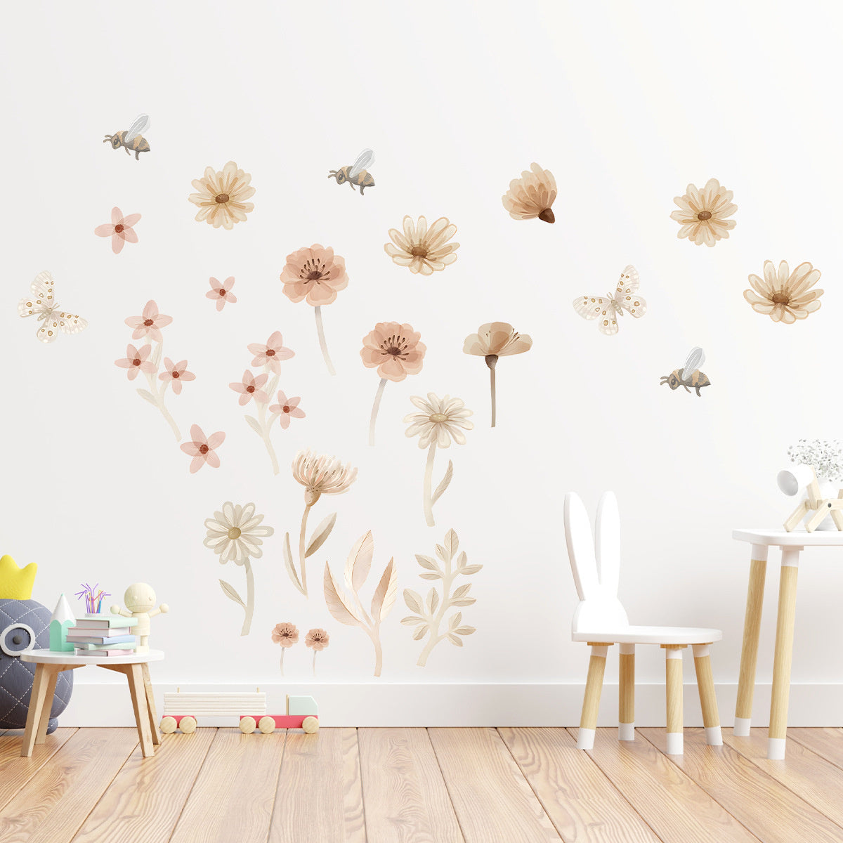 Boho Aquarel Bloemen en vlinders Muurstickers – Sfeervolle Wanddecoratie voor een Warme kinderkamer