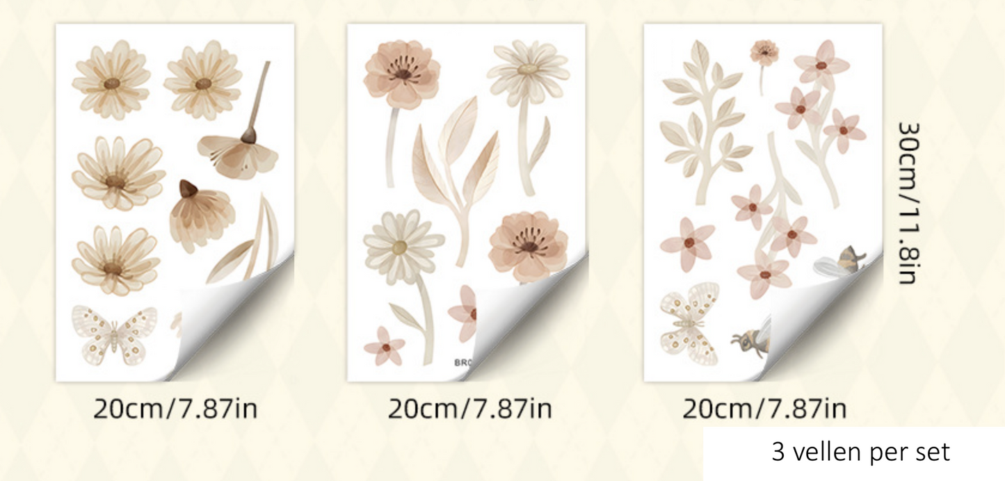 Boho Aquarel Bloemen en vlinders Muurstickers – Sfeervolle Wanddecoratie voor een Warme kinderkamer