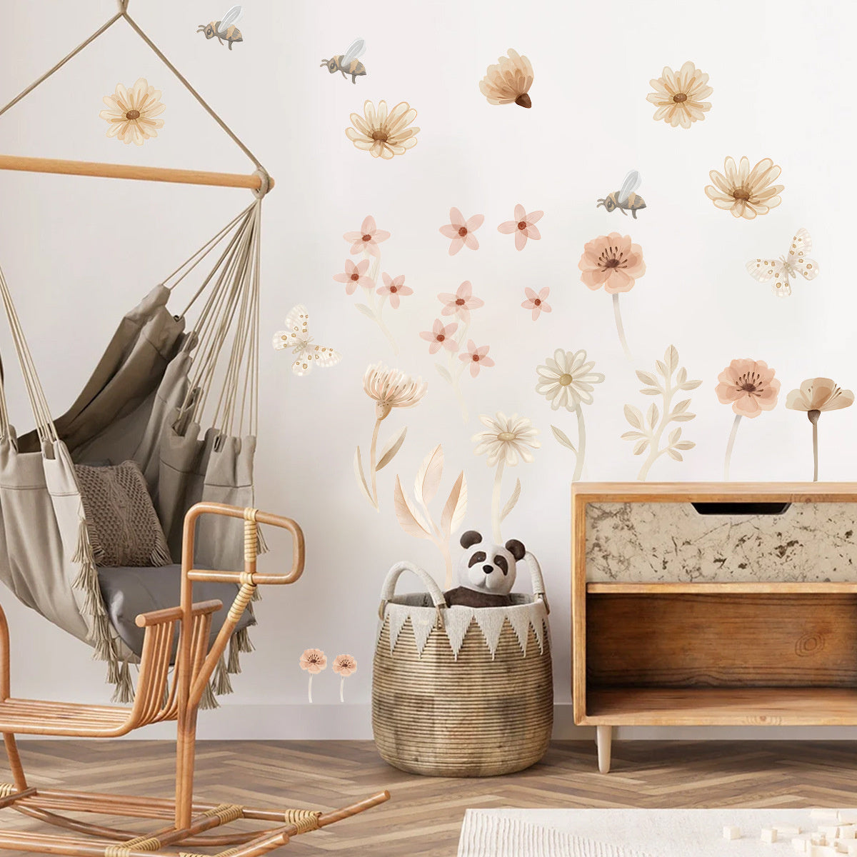 Boho Aquarel Bloemen en vlinders Muurstickers – Sfeervolle Wanddecoratie voor een Warme kinderkamer