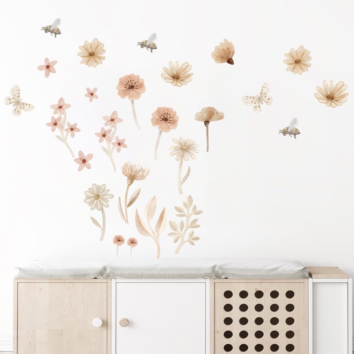 Boho Aquarel Bloemen en vlinders Muurstickers – Sfeervolle Wanddecoratie voor een Warme kinderkamer