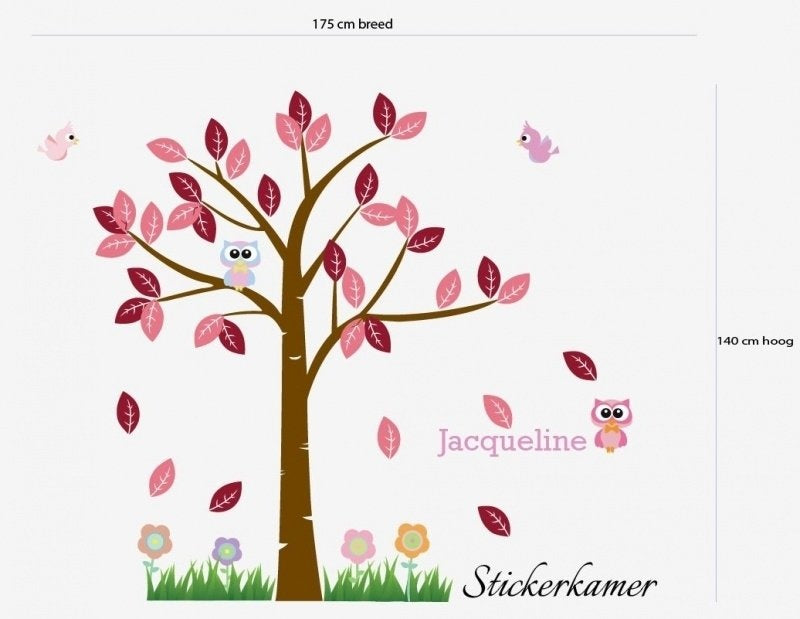 Meisjeskamer boom met uil en vogel (Roze) XL
