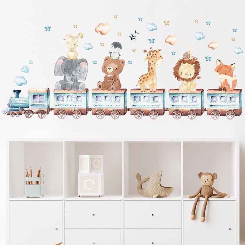 Muursticker dieren op de trein kinderkamer