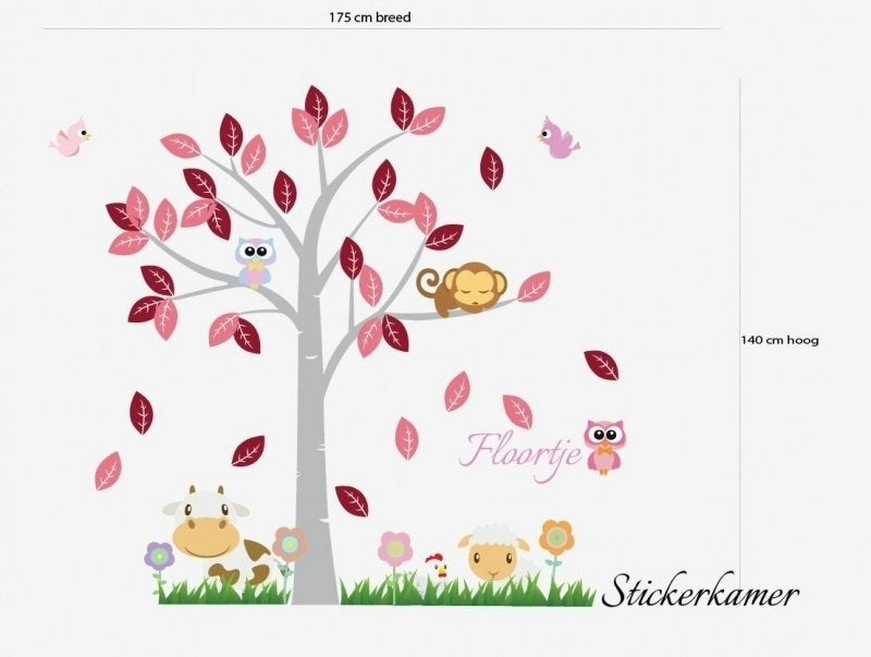Meisjeskamer boom met dieren mix en naam (Roze) XL