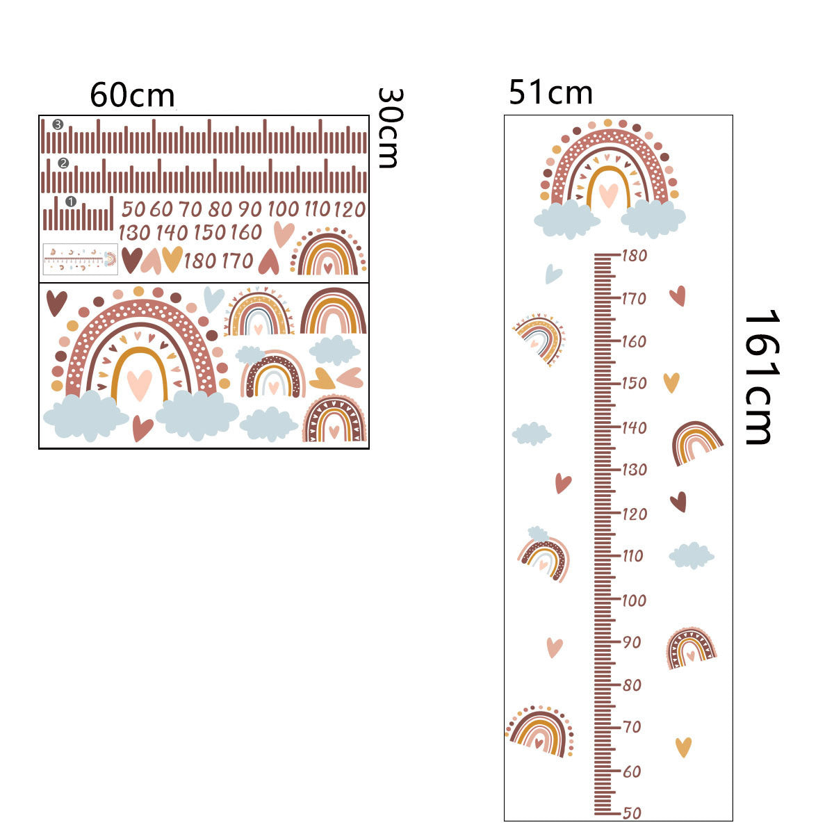 Muursticker groeimeter regenboog en hartjes kinderkamer meisjes