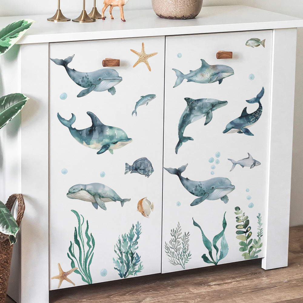 Onderwaterwereld Muursticker – Magische Oceaandecoratie met Vissen, Dolfijnen en Walvissen
