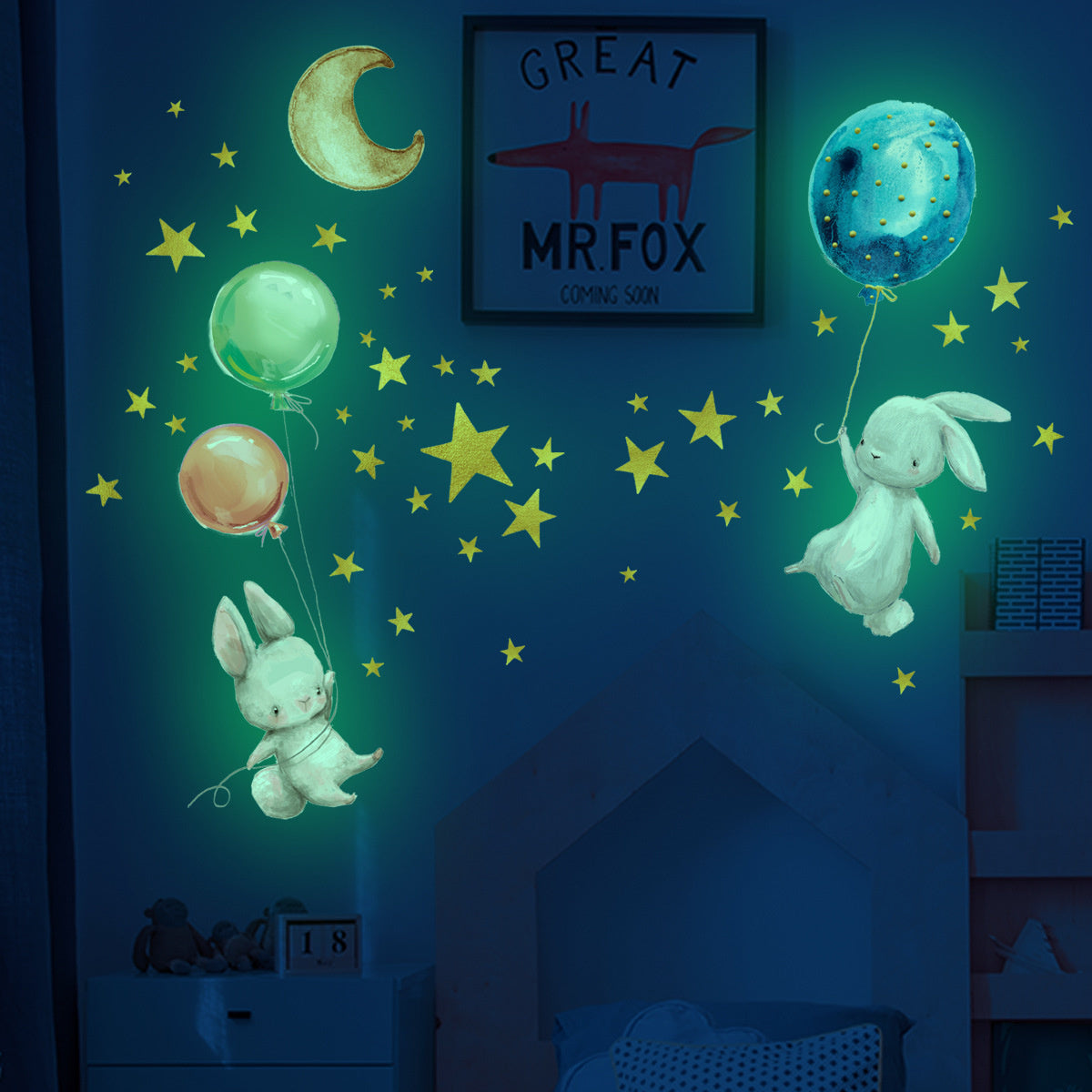 Muursticker glow in the dark konijnen ballon