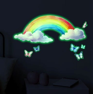 Glow in the Dark Regenboog Muursticker met Vlinders