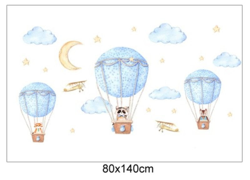 Luchtballon met beesten wolken en sterren kinderkamer (blauw)