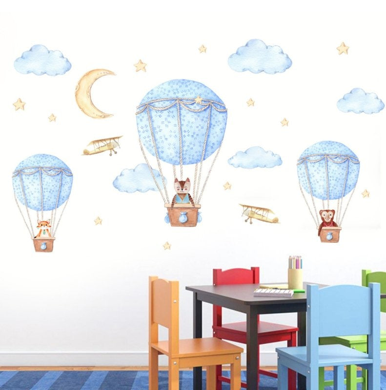 Luchtballon met beesten wolken en sterren kinderkamer (blauw)