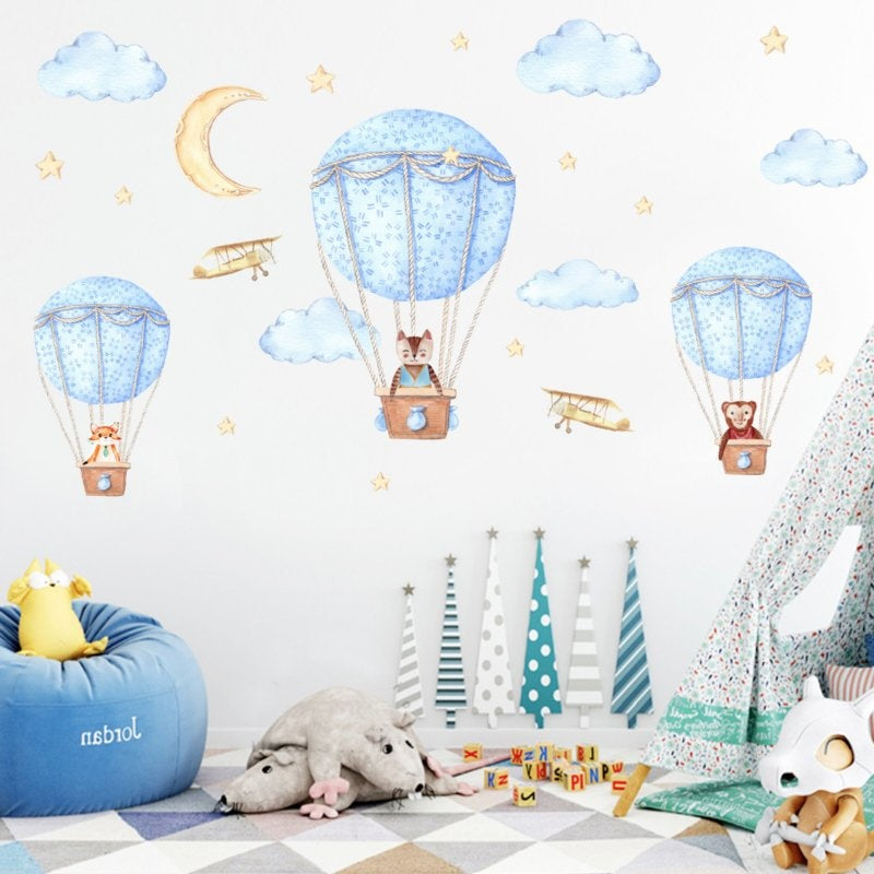 Luchtballon met beesten wolken en sterren kinderkamer (blauw)