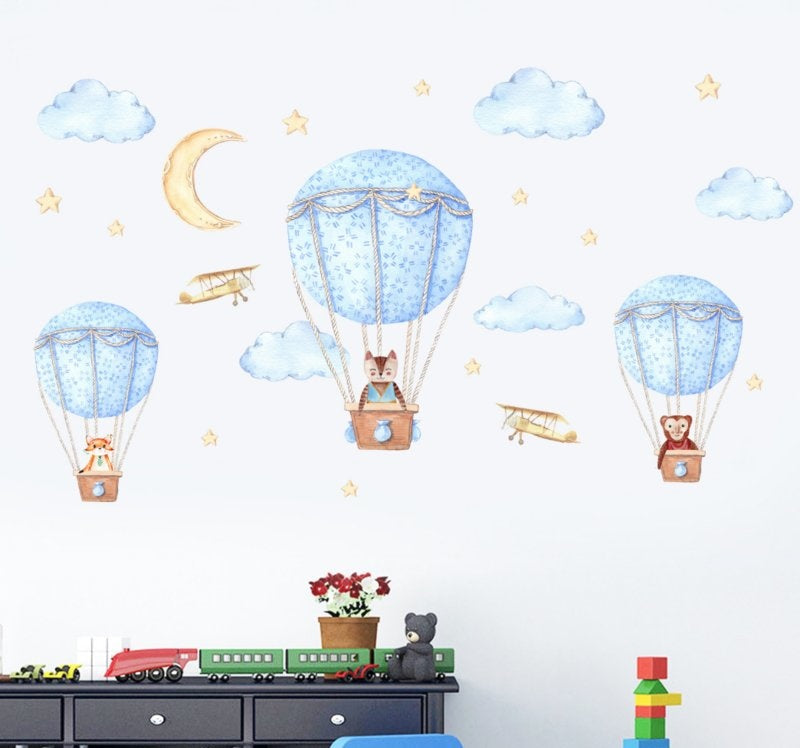 Luchtballon met beesten wolken en sterren kinderkamer (blauw)