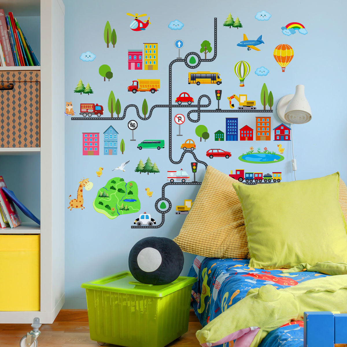 Muursticker auto weg stad kinderkamer 112x107 cm