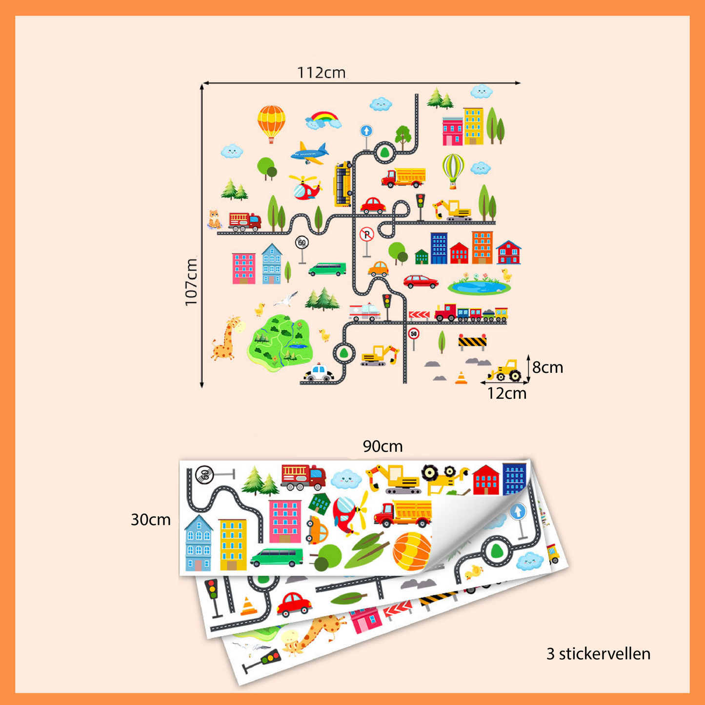 Muursticker auto weg stad kinderkamer 112x107 cm