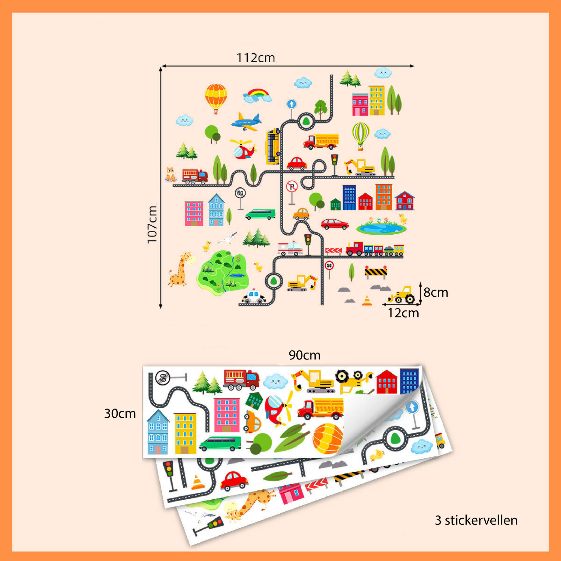 Muursticker auto weg stad kinderkamer 112x107 cm