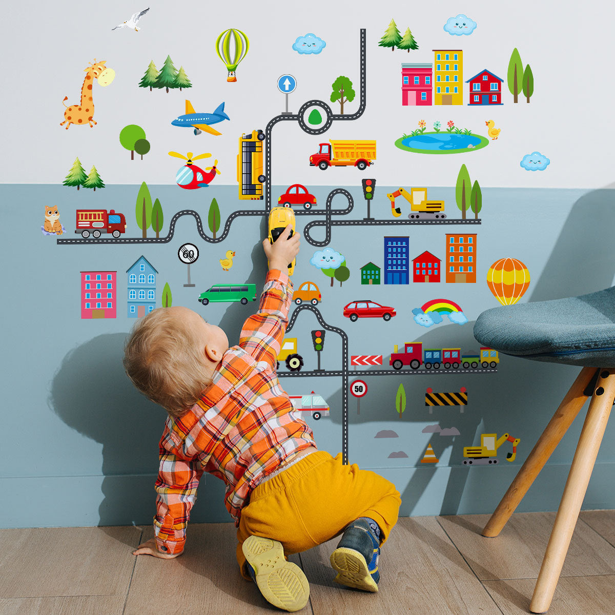 Muursticker auto weg stad kinderkamer 112x107 cm